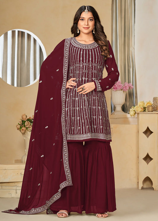 Faux Georgette Maroon Embroidered Gharara Style Suit - Emponline | Swadesiicart