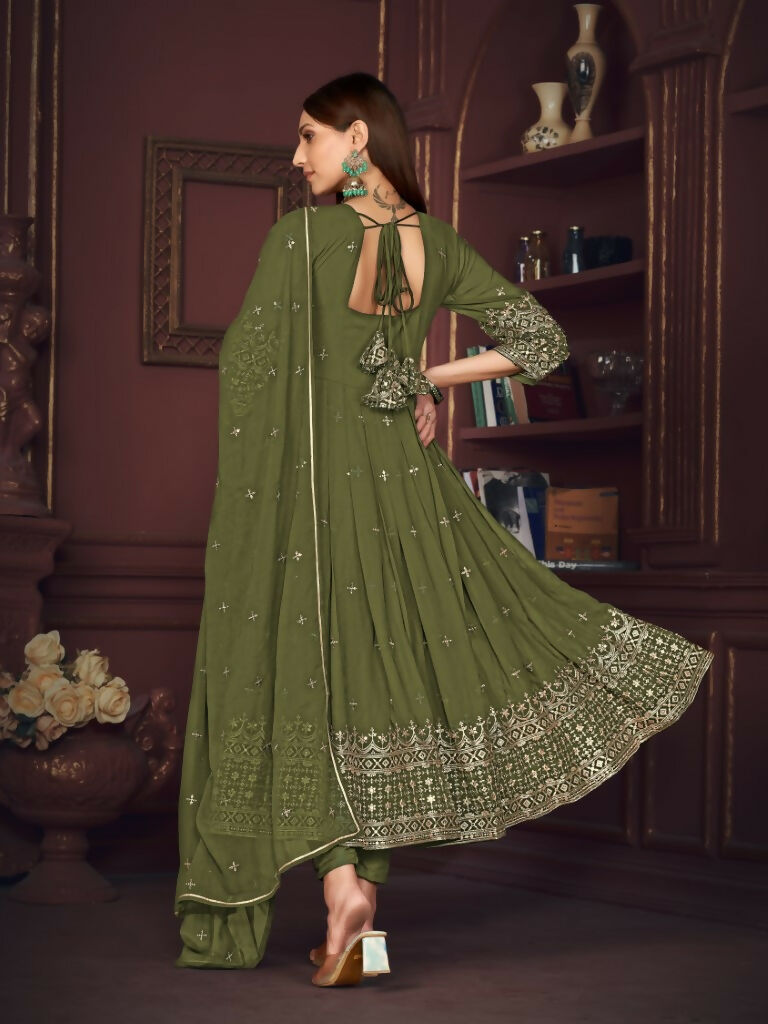 Jyoti Fashion Women's Olive Green Georgette Embroidered Anarkali Kurta Pant Set With Dupatta | Swadesiicart