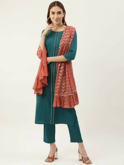 FIORRA Women's Rama Poly Crepe Straight Kurta Pant With Dupatta - Swadesiicart