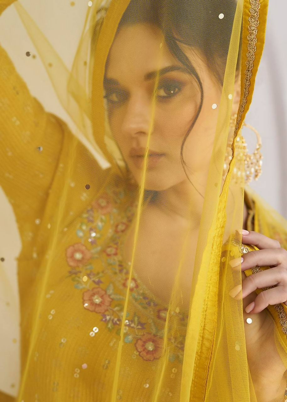 Lorenvalley Fashion Yellow Chinon Embroidery with Sequince Work Salwar Lehenga Stitched | Swadesiicart