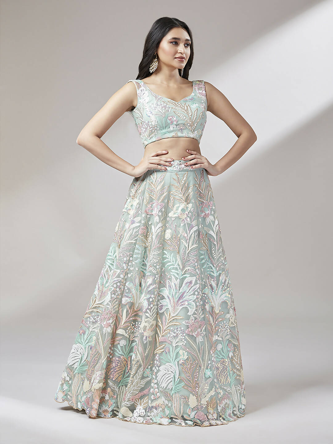 House of Panchhi Lime Green Net Sequinse Work Lehenga & Blouse with Dupatta | Swadesiicart