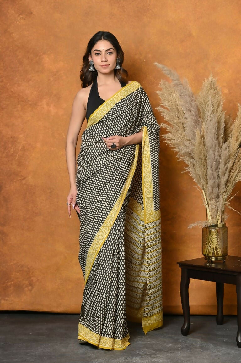 Very Much Indian Handblock Printed Cotton Saree With Natural Dyes - Black & White | Swadesiicart