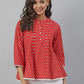 Janasya Women's Red Cotton Floral Print Flared Top | Swadesiicart