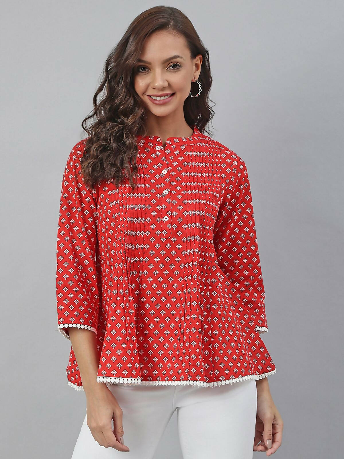 Janasya Women's Red Cotton Floral Print Flared Top | Swadesiicart