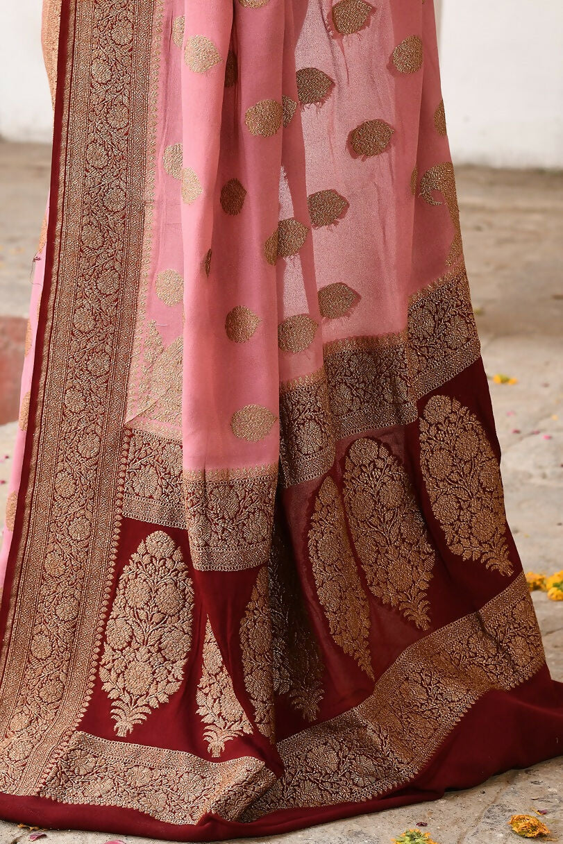 Joban Fashion Nude Pink Crepe Chiffon Pure Handloom Banarasi Silk Saree | Swadesiicart
