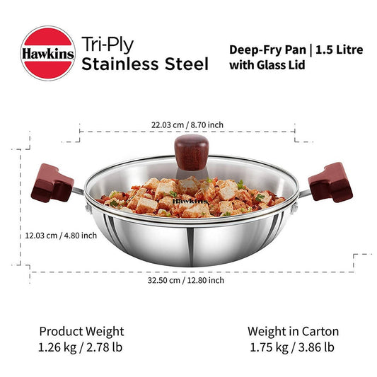 Hawkins Tri-Ply Stainless Steel Deep-Fry Pan with Glass Lid Silver (SSD15G) - Swadesiicart