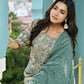 Vaasva Women's Teal Tissue Embroidered Suit Set With Solid Pant And Embroidered Dupatta | Swadesiicart