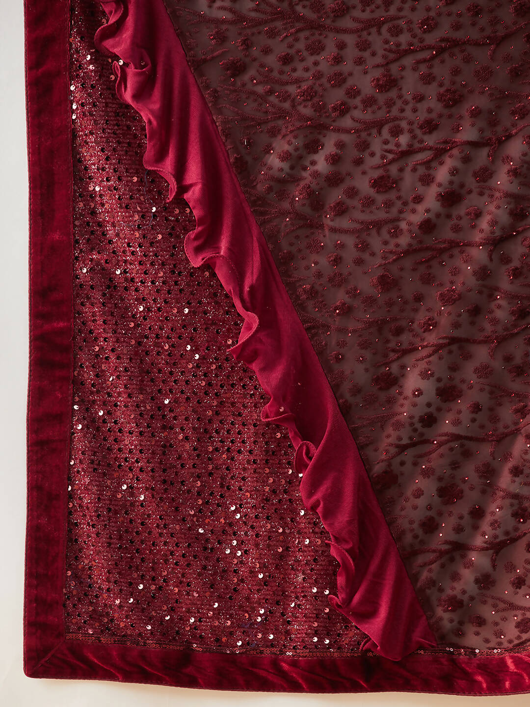 Maroon Lycra Embossed Fancy Velvet, Sequins Embroidery, Frill Details Saree - Norita Hit Design - Swadesiicart