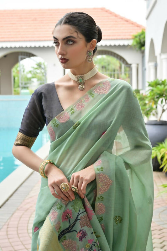 Vishnu Weaves Women's Sea-Green Muga Cotton Thread Weaving Saree with Blouse - Swadesiicart