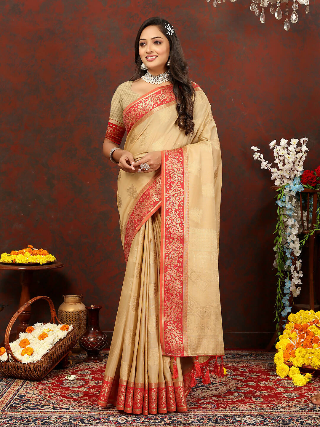 Lorenvalley Fashion Cream Cotton Woven Design with Zari Weaving Design Saree - Swadesiicart