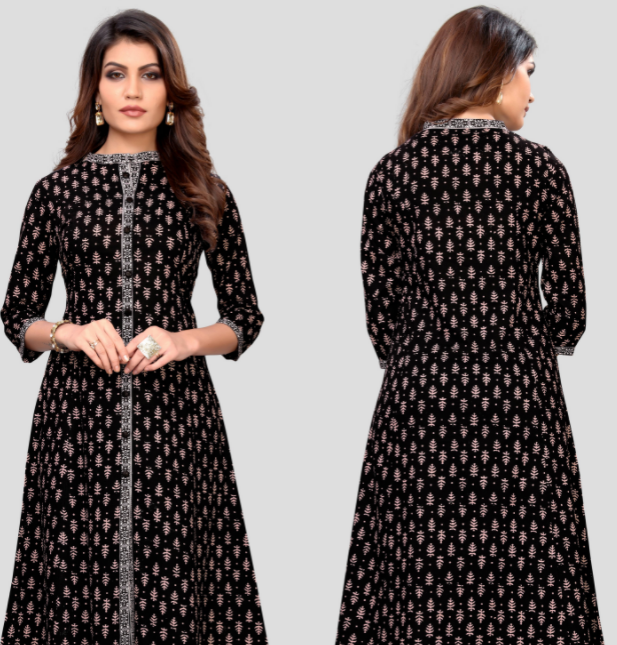 NOZ2TOZ Women's Black Color Cotton Flared Kurta (1Pc) - Swadesiicart