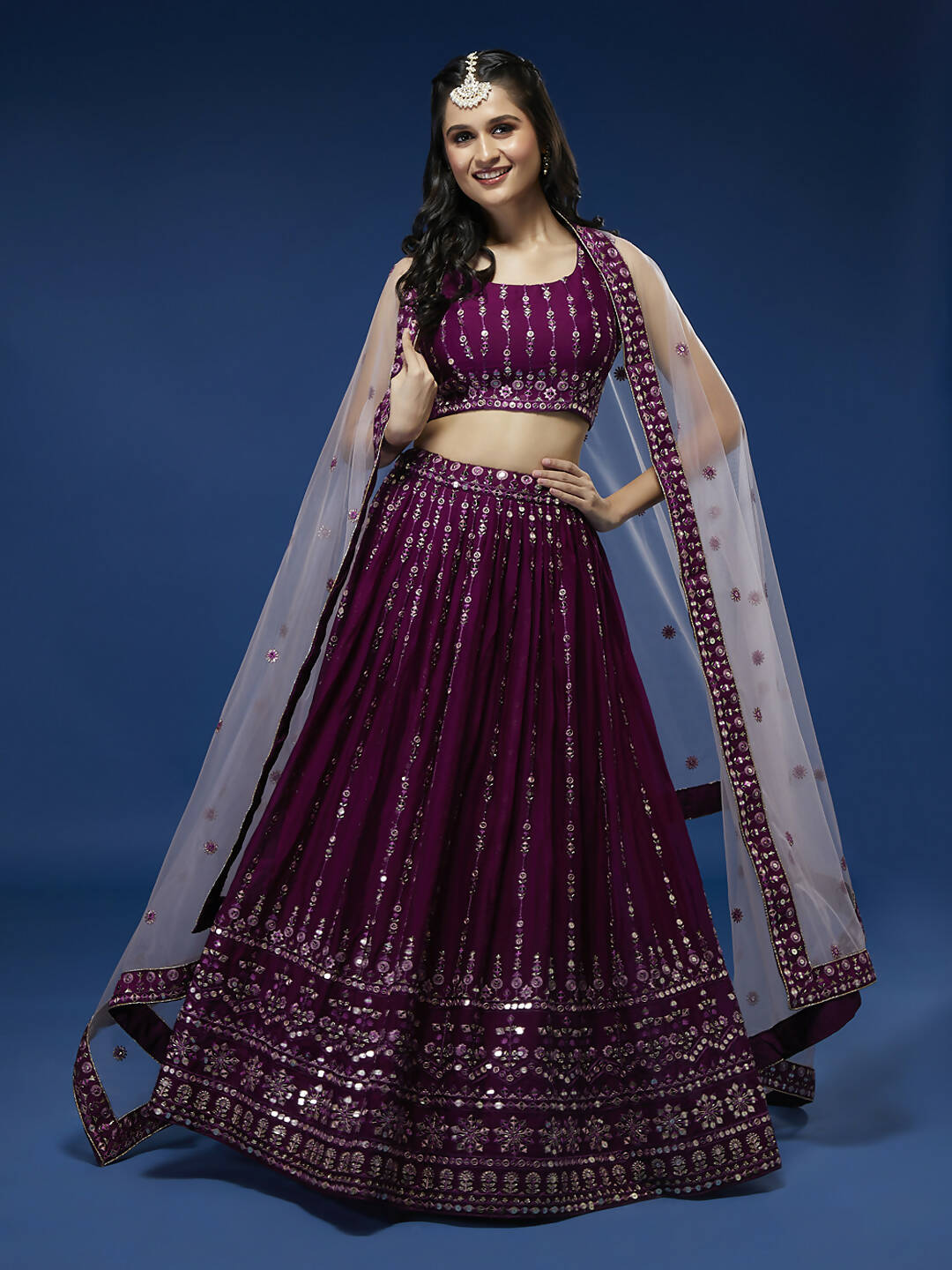 House of Panchhi Women Burgundy Pure Georgette Sequinse Embroidered Lehenga & Blouse, Dupatta | Swadesiicart