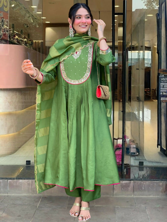 The52 Light Green Women's Gorgeous Embroidered Work Chanderi Fabric Flared Kurta Pant and Dupatta Set - Swadesiicart