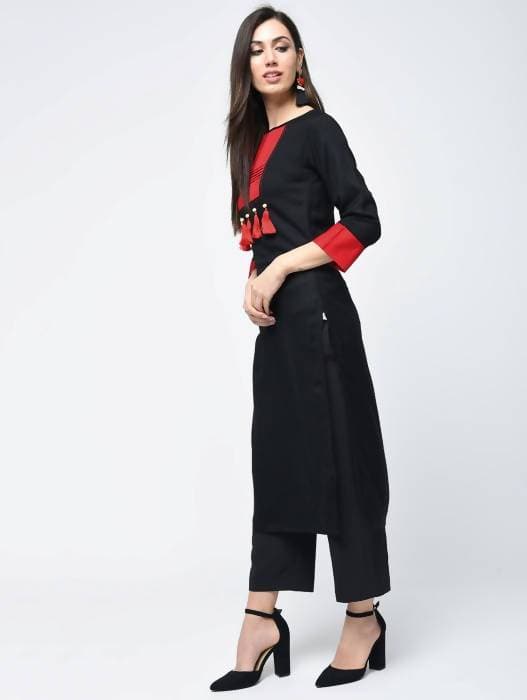 Aniyah Rayon Color Block Black Latest Straight Kurta With Tassels (AN-109K) - Swadesiicart