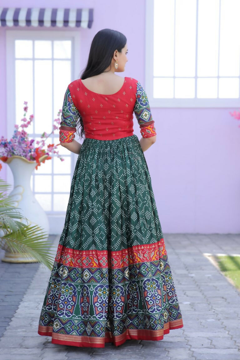 Jyoti Fashion Women's Bottle Green Patola with Foil Print Dola Silk Anarkali Dress | Swadesiicart