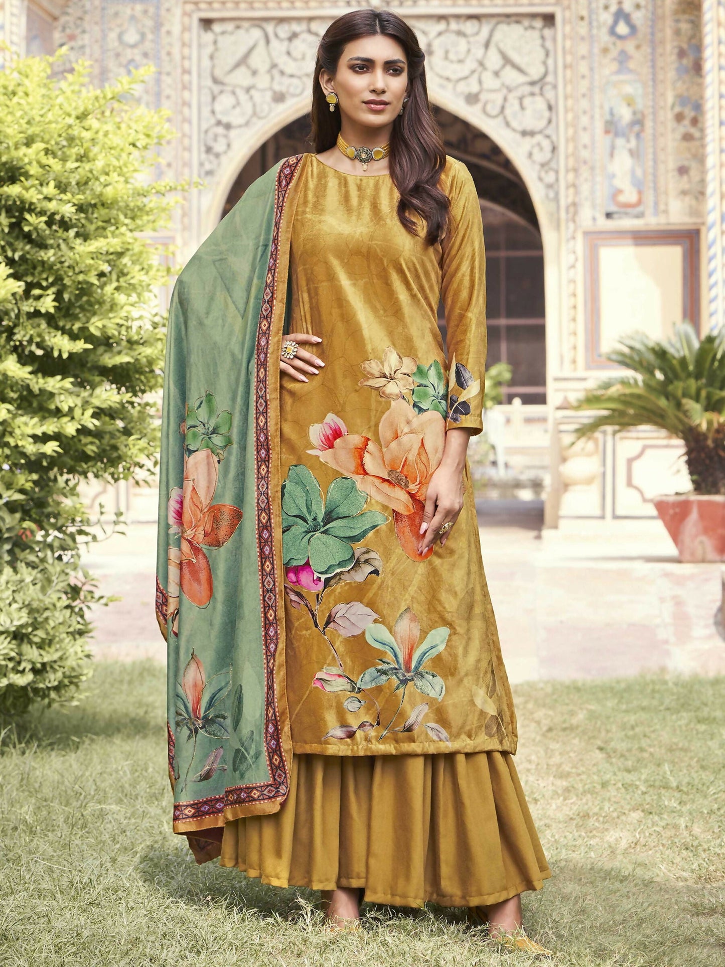Jyoti Fashion Women's Mustard Velvet Floral Digital Printed Kurta with Trouser & Dupatta | Swadesiicart