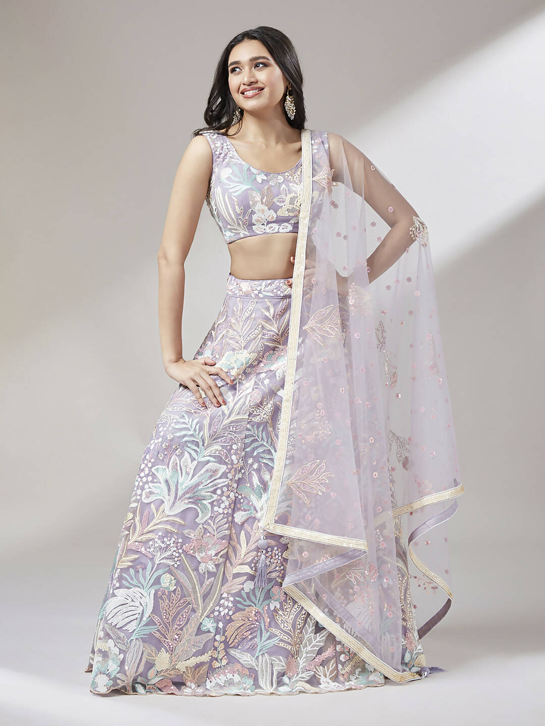 House of Panchhi Muave Net Sequinse Work Lehenga & Blouse with Dupatta | Swadesiicart