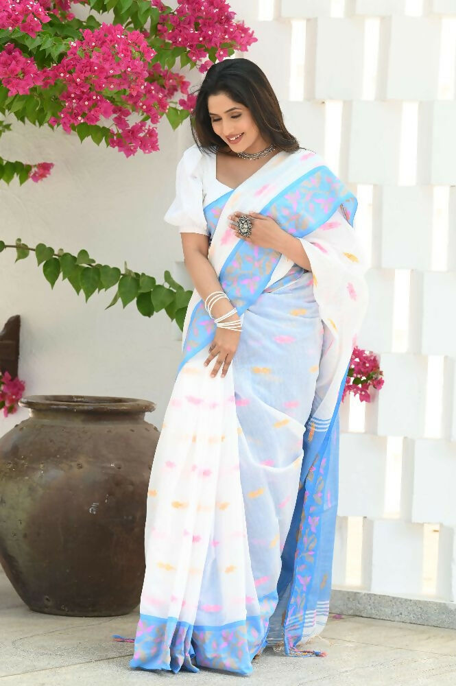 Beatitude White Slub Cotton Floral Jamdani Saree