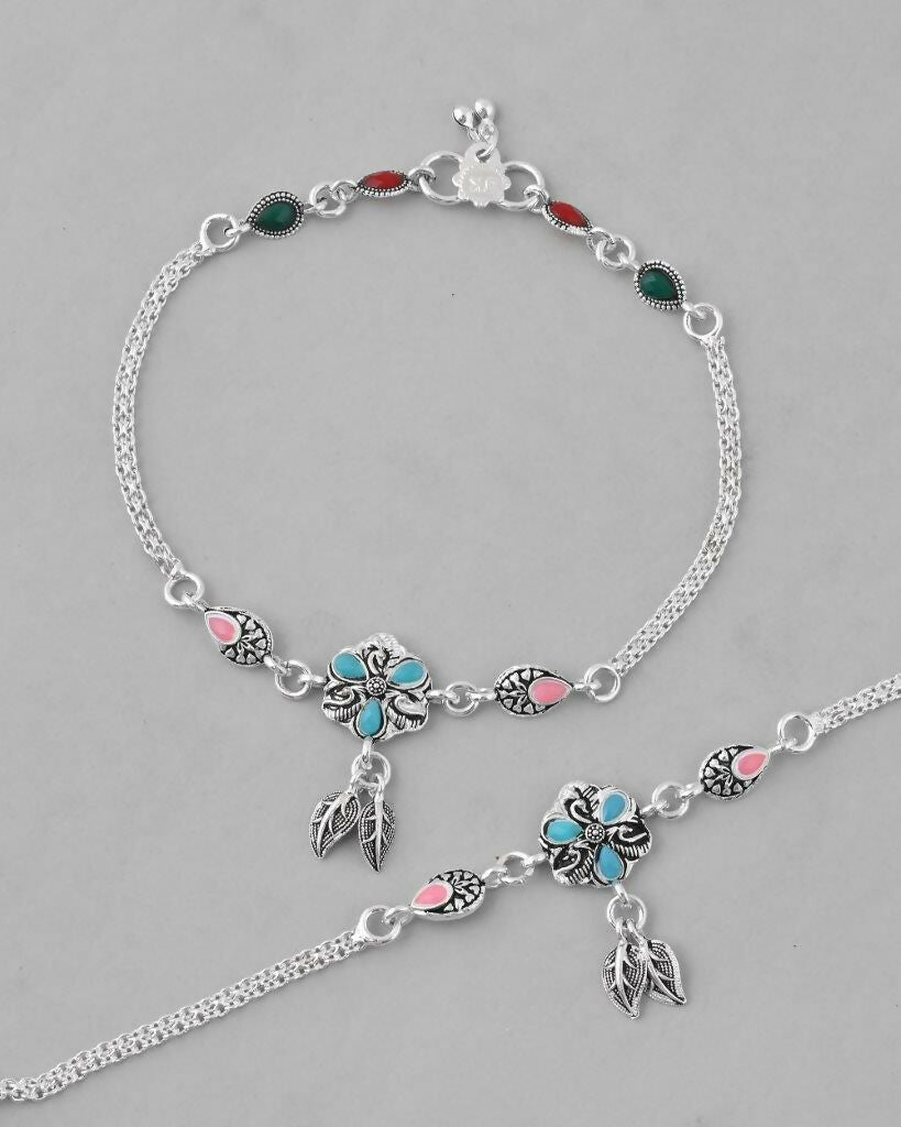 VOJ Set of 2 Traditional Stone Studded Flower Shaped Anklet - Swadesiicart