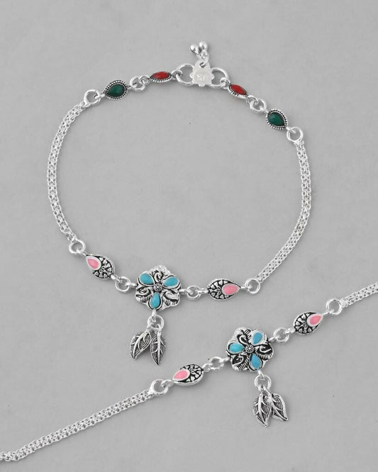 VOJ Set of 2 Traditional Stone Studded Flower Shaped Anklet - Swadesiicart