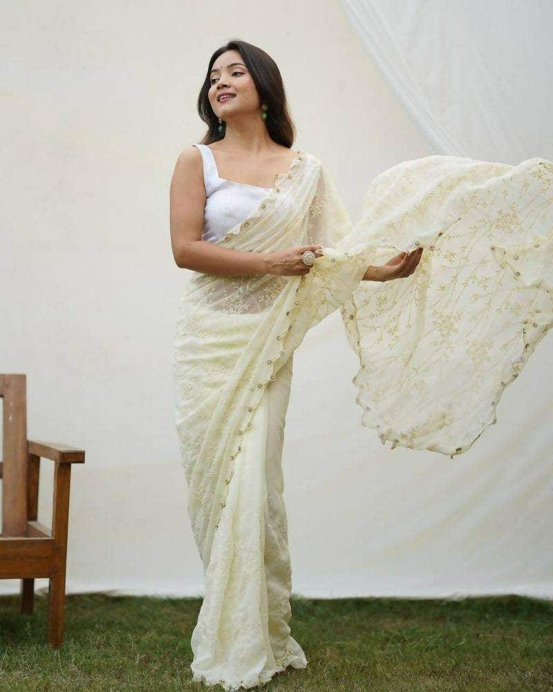 Vamsee Kimora White Georgette Saree - Swadesiicart