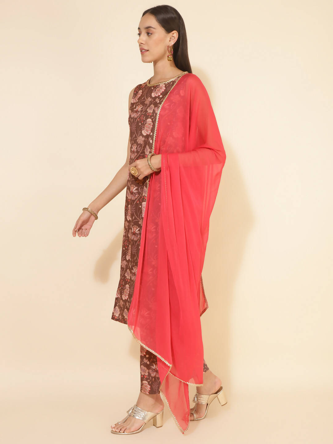 Janasya Women's Brown Crepe Digital Floral Printed Festive Straight Kurta Set | Swadesiicart