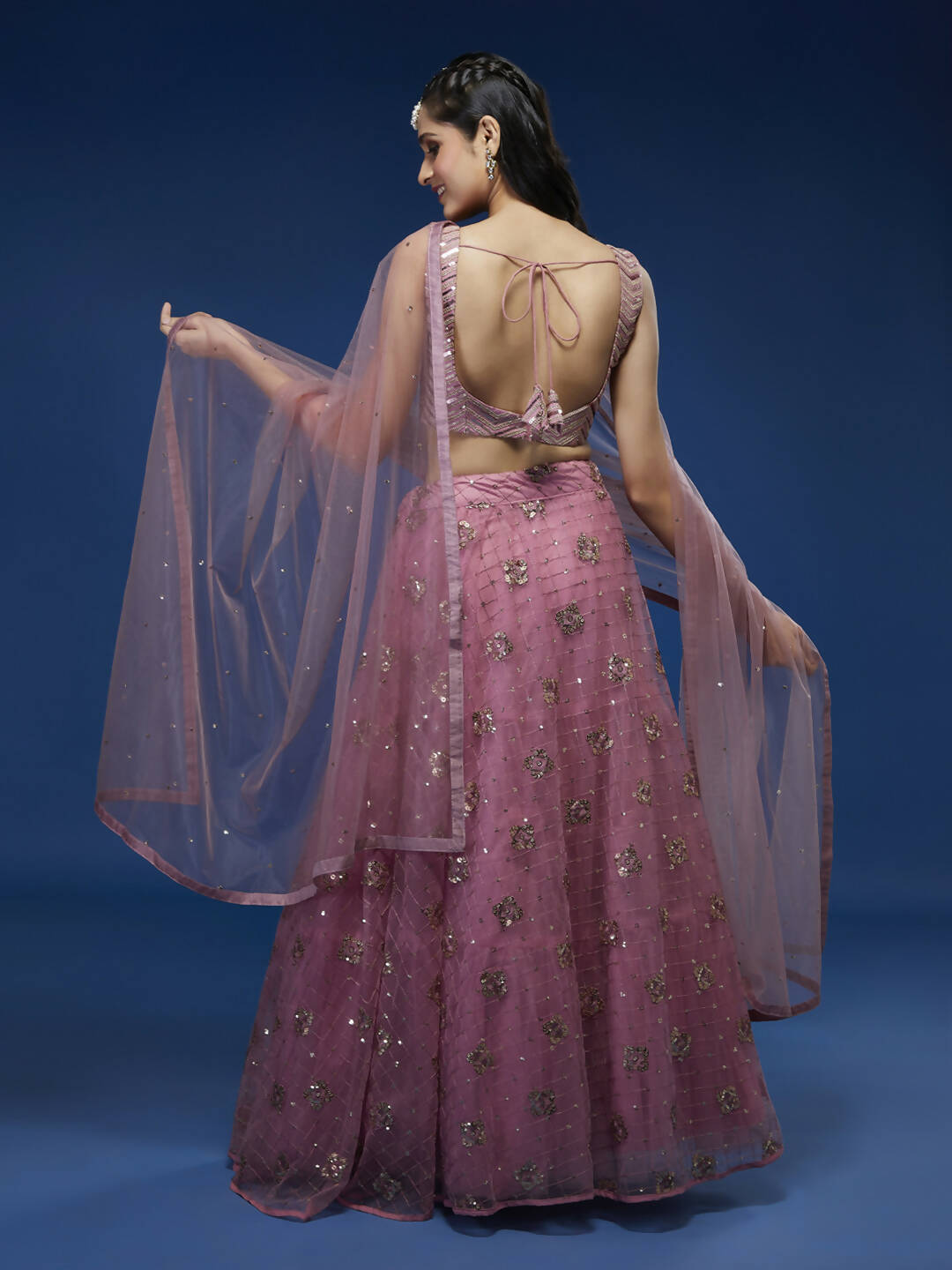House of Panchhi Pink Net Sequinse Embroidered Lehenga & Blouse with Dupatta | Swadesiicart