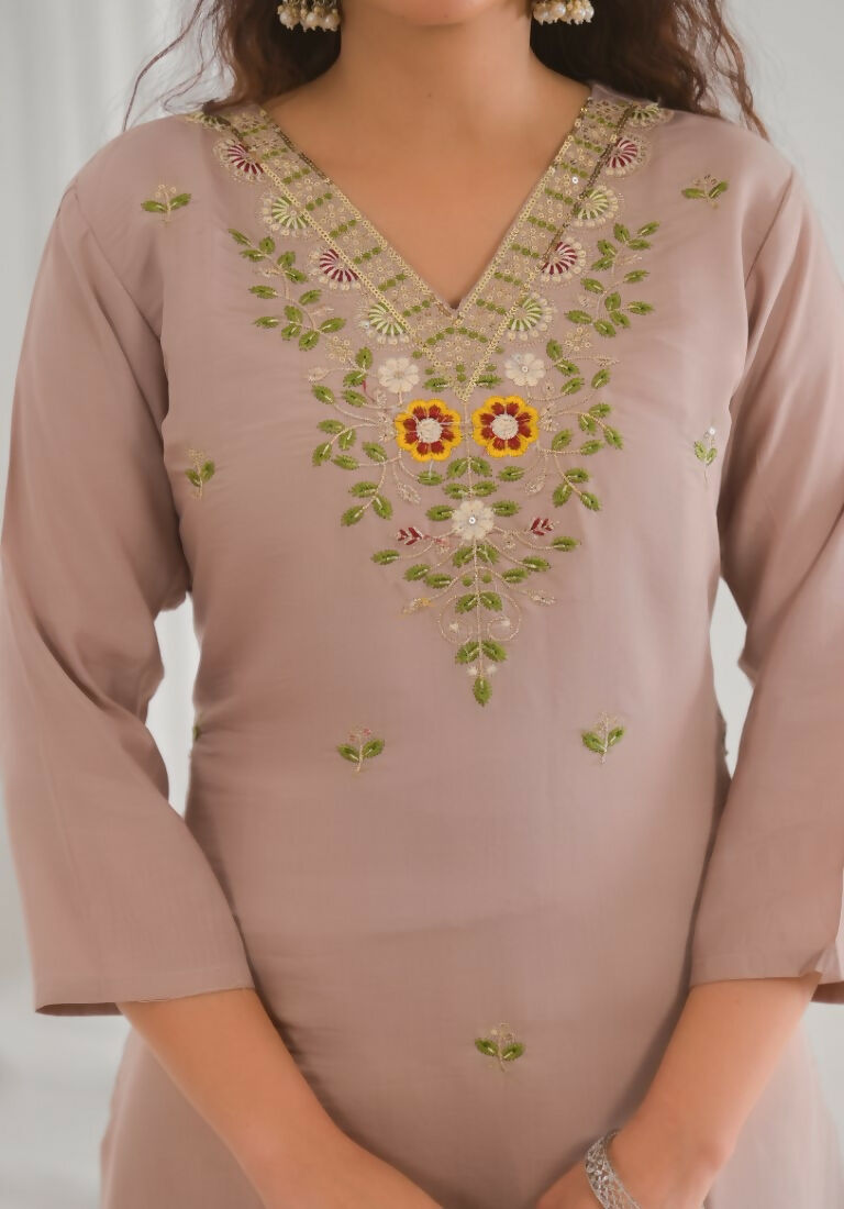Ethnic Festive Wear Chanderi with Cotton Lining Beige Stitched Suit With Dupatta - Tanisha | Swadesiicart