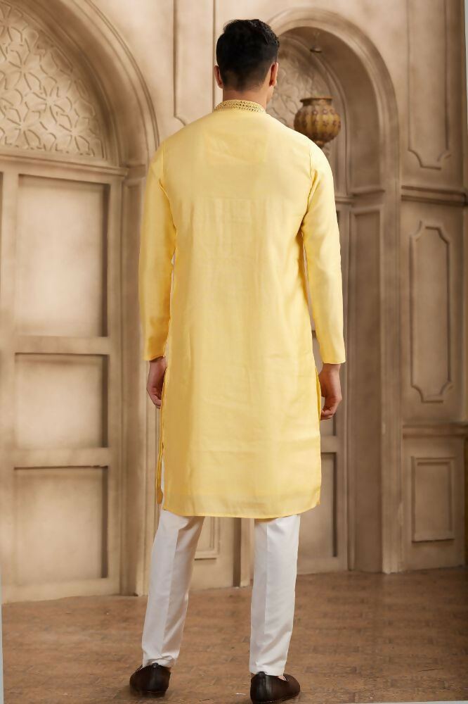 Raivat Ethnic Banarasi Art Silk Mirror Work Kurta Pajama In Yellow Colour | Swadesiicart