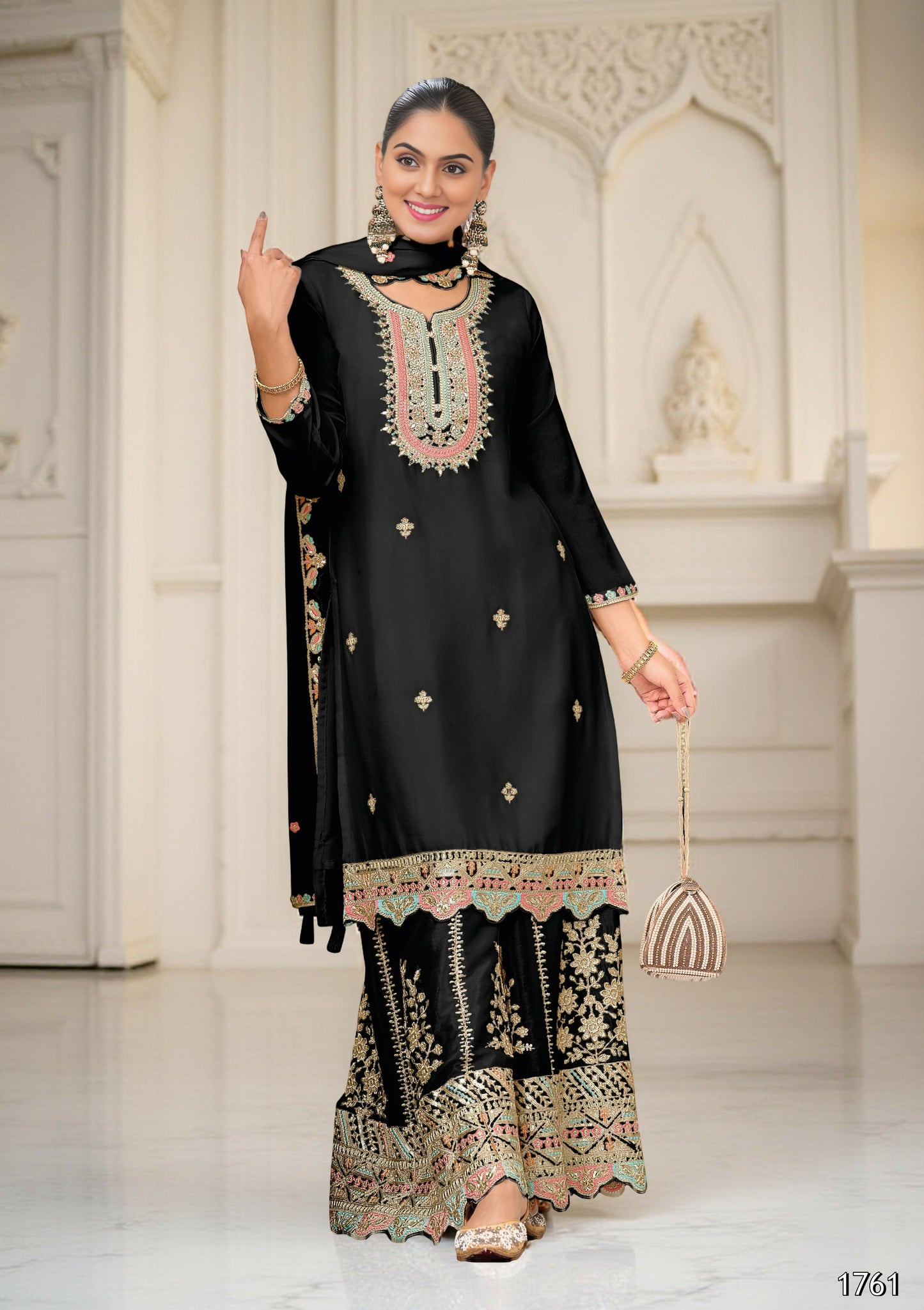 Ethnic Festive Wear Black Primium Chinon Fabric Stitched Suit With Dupatta - Zeeya | Swadesiicart