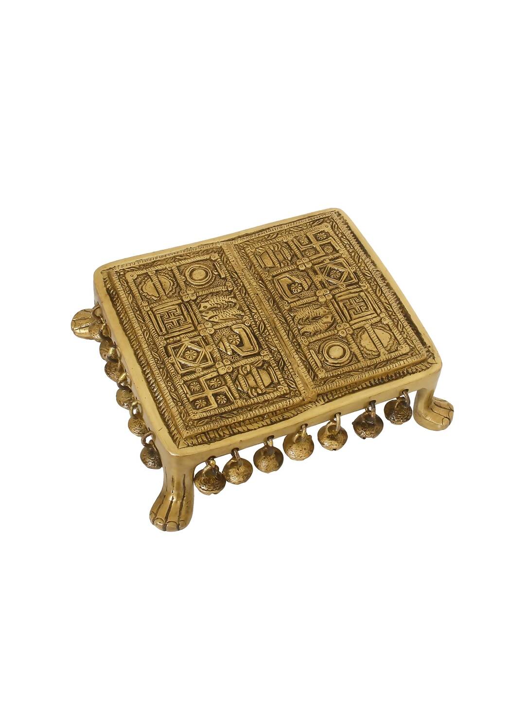 eCraftIndia Gold-Toned Handcrafted Brass Traditional Pooja Chowki With Bells | Swadesiicart