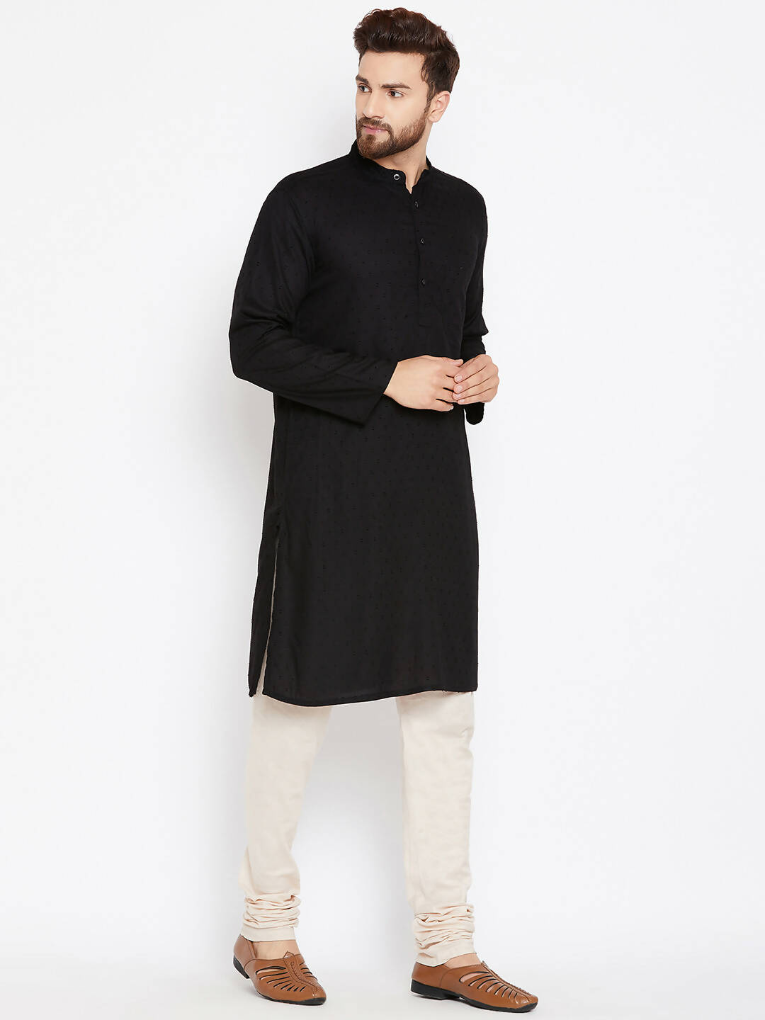 Even Apparels Black Pure Cotton Band Collar Men's Kurta | Swadesiicart