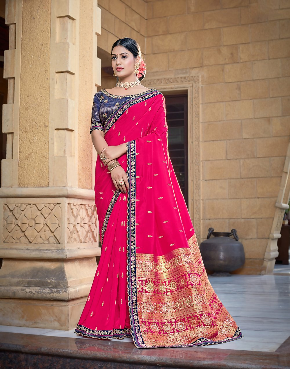 Pink Pure Viscose Weaved Silkresham , Zari And Cord Embroidery Saree - Norita Hit - Swadesiicart