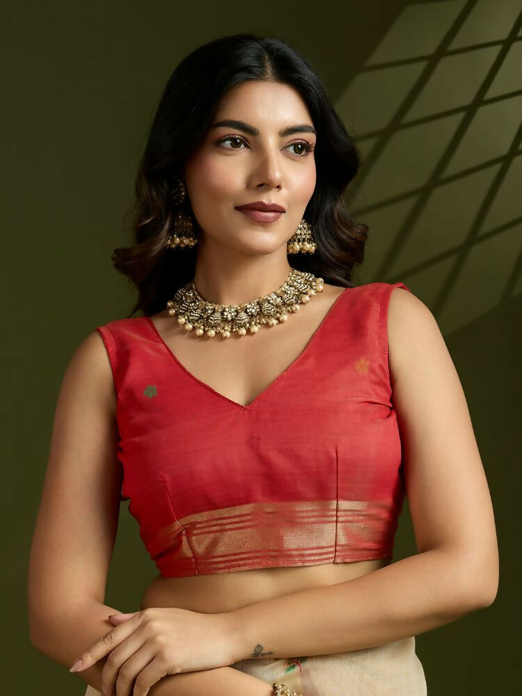 Vishnu Weaves Women's Chiku Muga Cotton Thread Woven Butti with Blouse - Swadesiicart