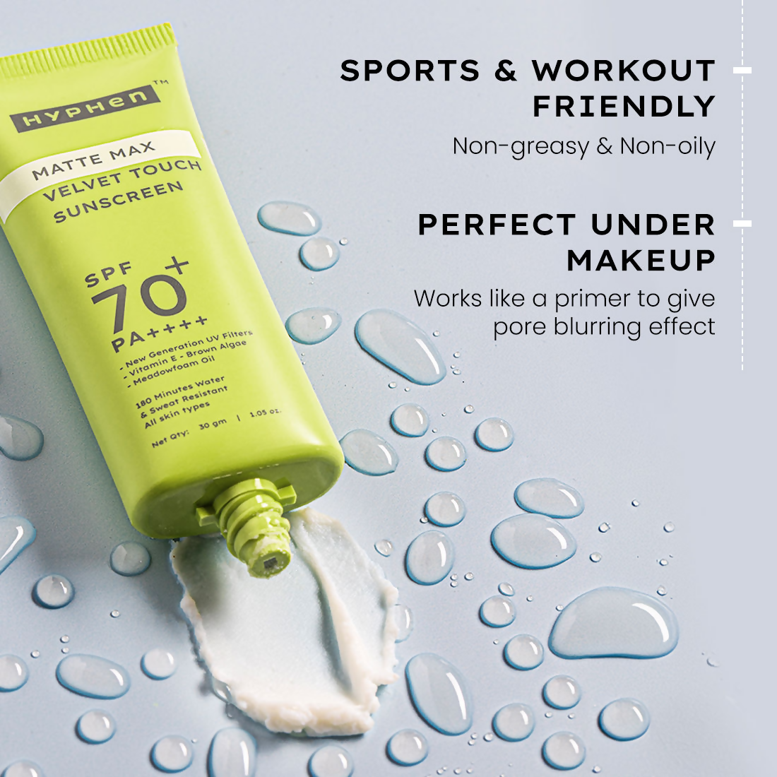 Hyphen Matte Max Velvet Touch Sunscreen SPF70+PA++++ Sweat & Water Resistant 12hr UV Protection | Swadesiicart