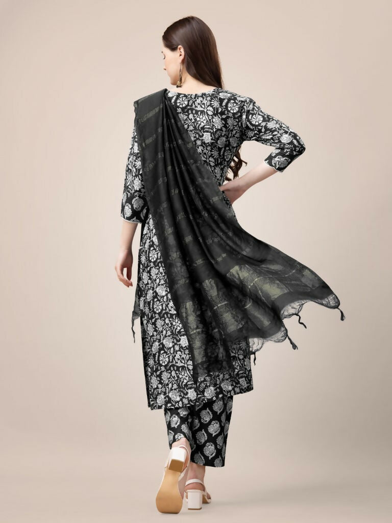 Jyoti Fashion Women's Black Rayon Print with Embroidery & Fancy Lace Work Kurta with Trouser & Dupatta | Swadesiicart