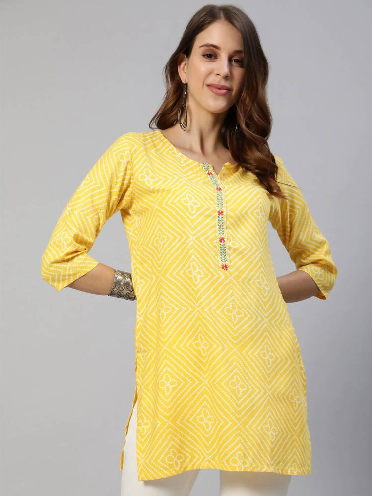 Anubhutee Yellow & White Bandhani Printed Kurti | Swadesiicart