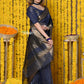 Very Much Indian Rajsi - Handloom Ari Checks Cotton Silk Saree With Golden Border - Indigo Blue | Swadesiicart