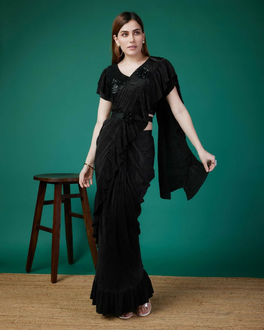 Black Imported Crush Solid Ready to Wear Saree with stitched Blouse - Aayan | Swadesiicart