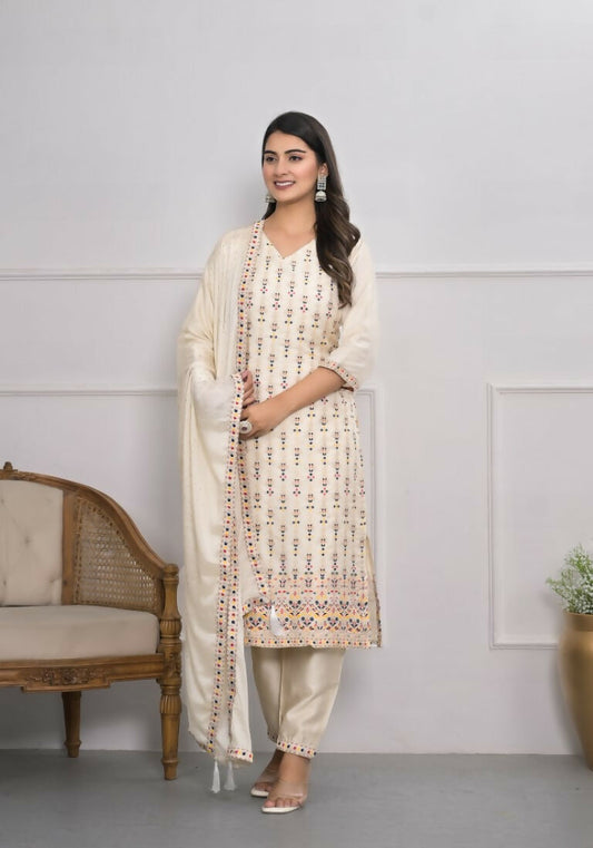 Cream Jequard Silk Embroidery with Thread and sequence Stitched Suit With Dupatta - Tanisha | Swadesiicart
