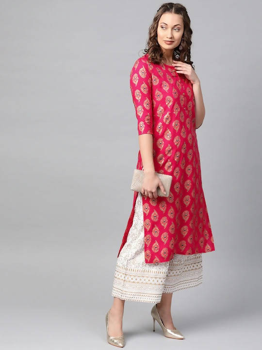 Indian Clothing Anubhutee Pink & Golden Printed Straight Kurta - Swadesiicart