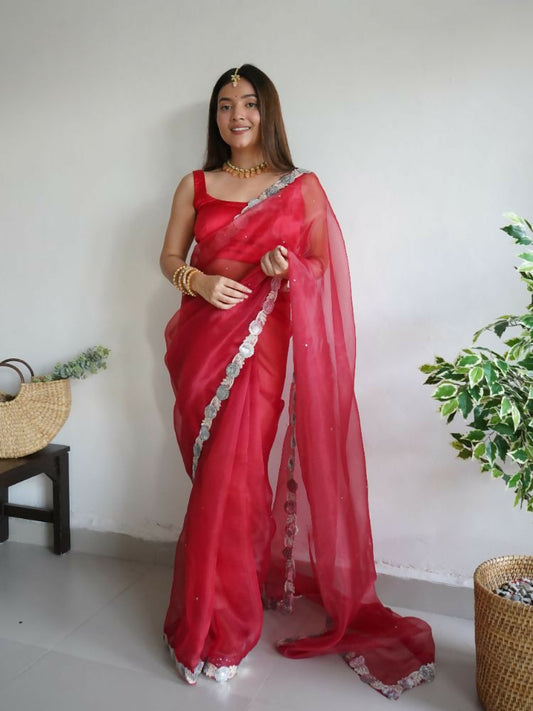 Vamsee Vanshika Red Organza Saree - Swadesiicart