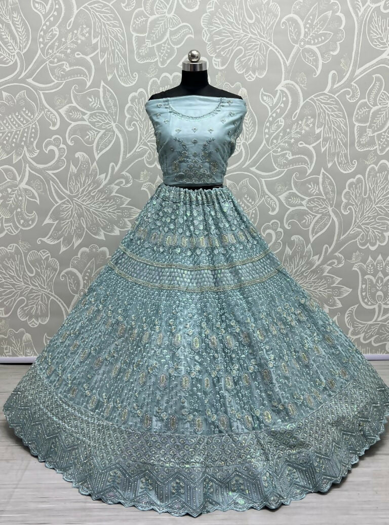 Jyoti Fashion Women's Aqua Heavy Net Fancy Dori, Multi Thread, Rainbow Sequins and Diamond Work Wedding Lehenga Choli | Swadesiicart