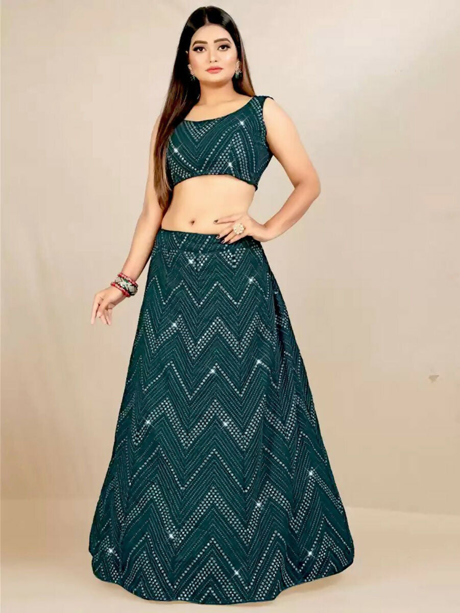 Jyoti Fashion Classy Bottle Green Georgette 3MM Sequins with Thread Embroidery Lehenga Choli with Dupatta | Swadesiicart