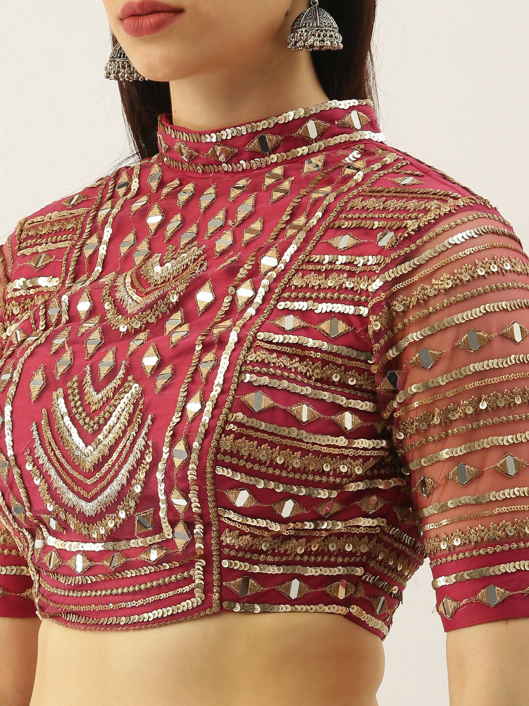 House of Panchhi Women Rosegold Net Embroidered Mirror Lehenga & Blouse with Dupatta | Swadesiicart