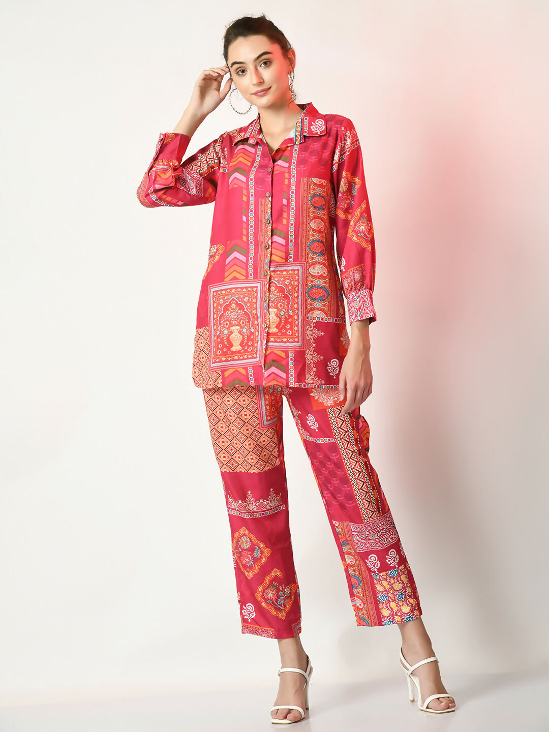 Myshka Women's Pink Printed Shirt With Trousers - Swadesiicart