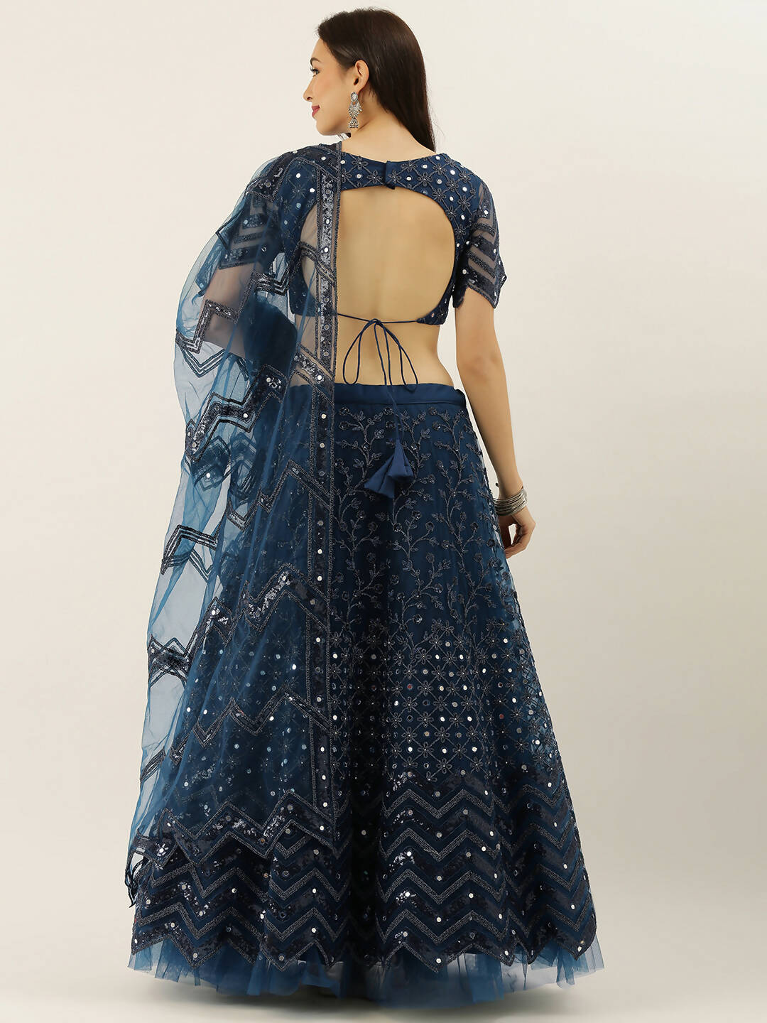House of Panchhi Navy Blue Net Semi Stitched Coding, Sequins and Mirror work Lehenga Choli | Swadesiicart