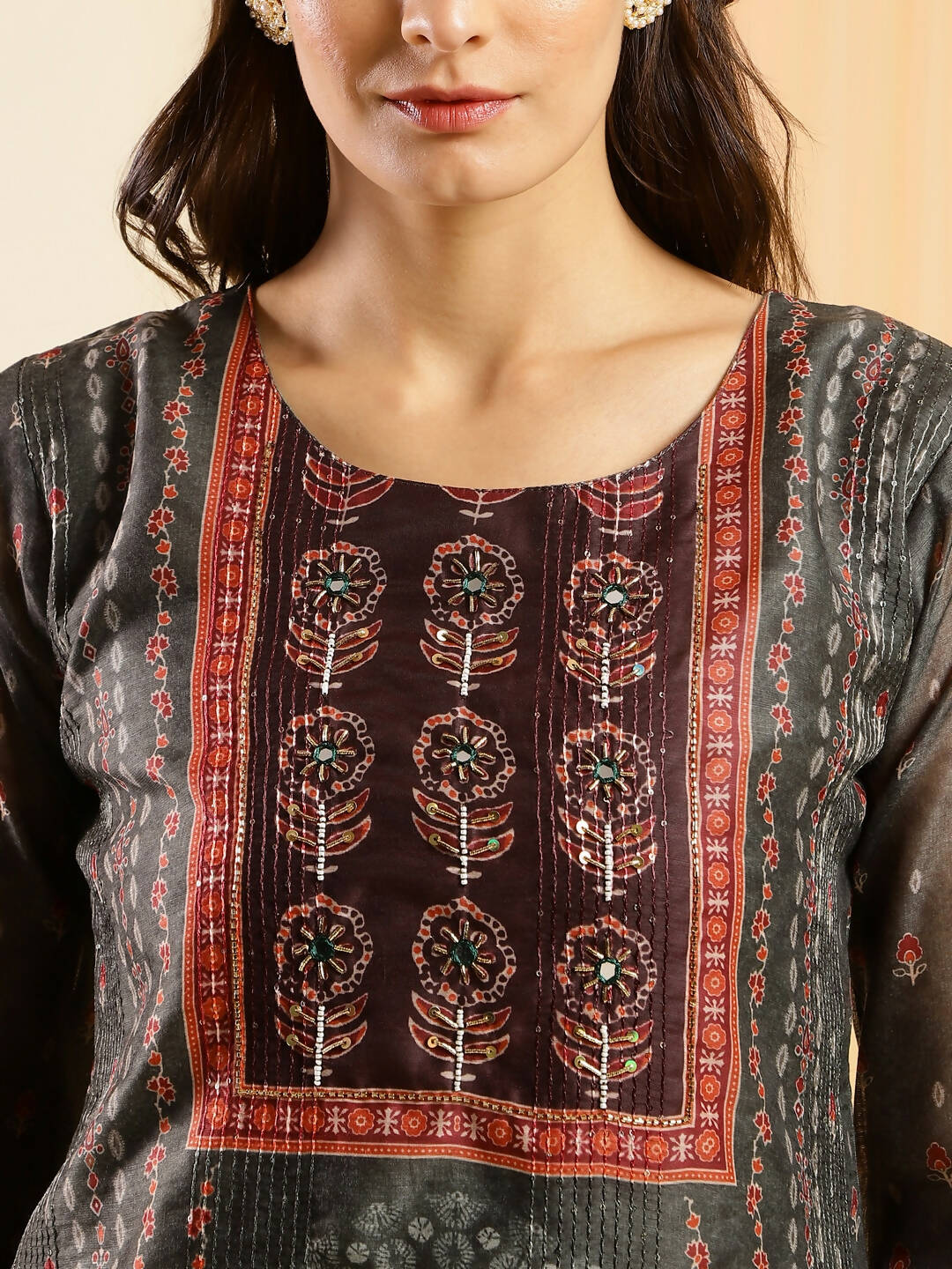 Dark Green Chinon Digital Printed With Hand Work Kurta - Himanshi - Swadesiicart