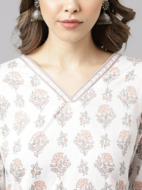 FIORRA Women's White Cotton A-Line Kurta Palazzo Set - Swadesiicart