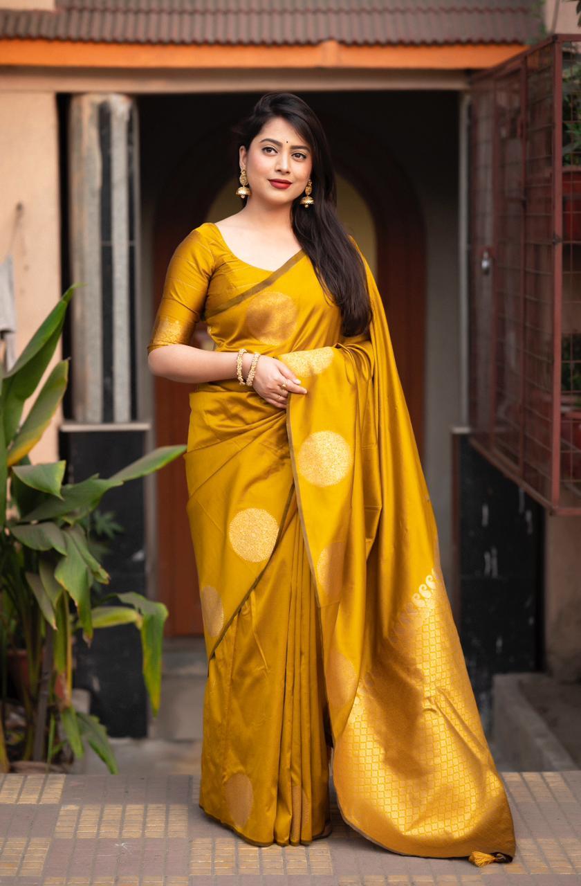 Mustard Silk Woven Saree with Unstitched Blouse - Hiral Fashion | Swadesiicart